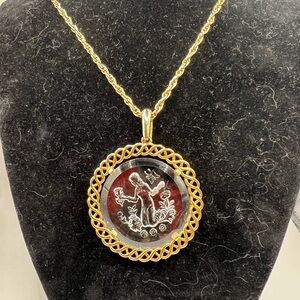 Virgo 1970’s Trifari Gold Tone Zodiac Medallion with Reverse Etched Glass
